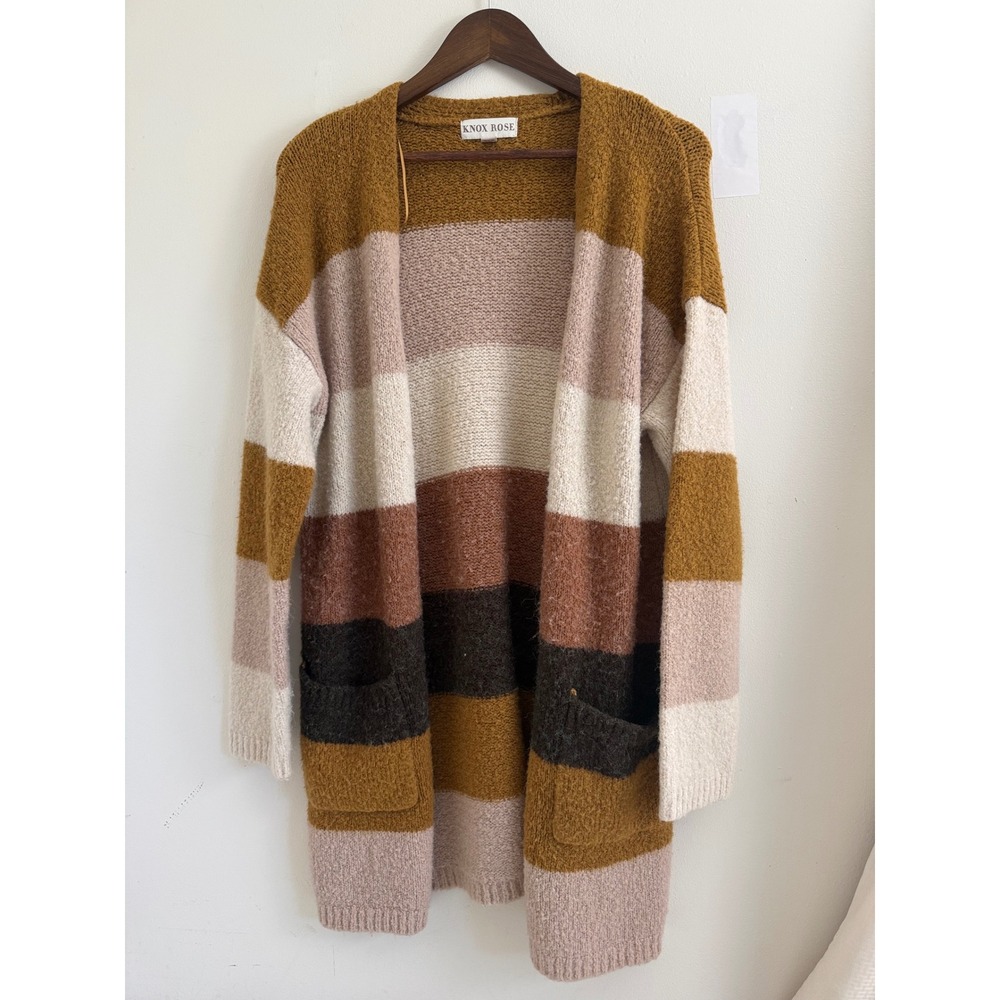 Knox Rose Womens Striped Open Front Cardigan Sweater Brown Pink Mustard Medium